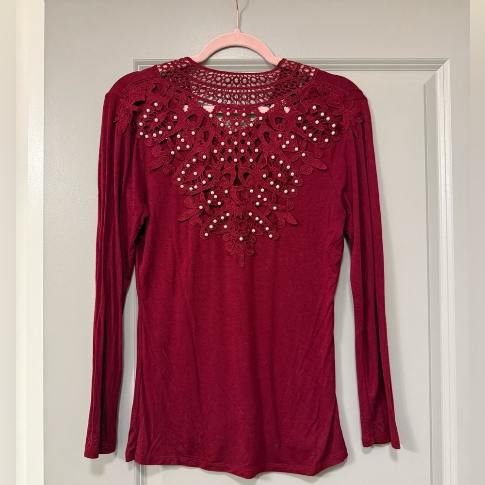 VENUS Burgundy Lace Pearl Embellished Long Sleeve Top M